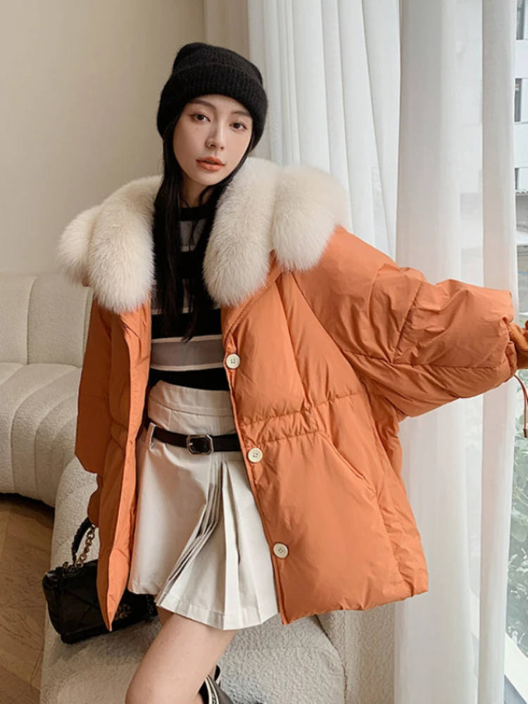 

MENINA BONITA 2022 Loose Fashion Winter Jacket Women Natural Real Fox Fur Big Collar Thick Warm 90% Goose Down Coat Streetwear