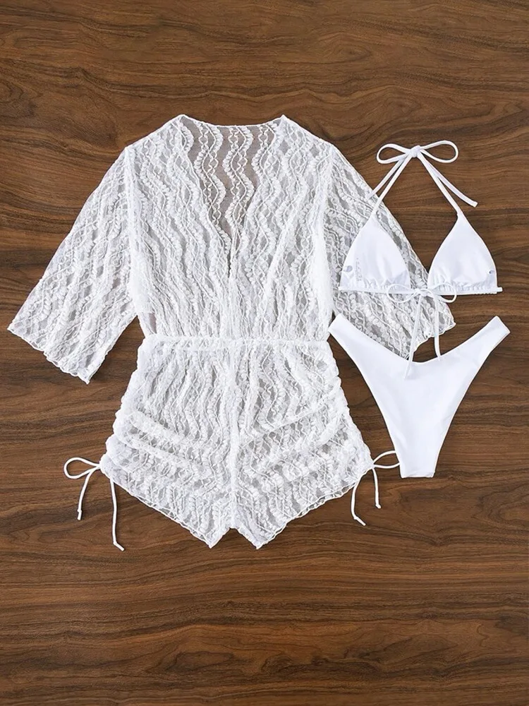 Maillot de bain trois pièces en maille, manches longues, imprimé cintré à la taille et cordon de serrage, à la mode, protection solaire, offre spéciale, nouvelle collection