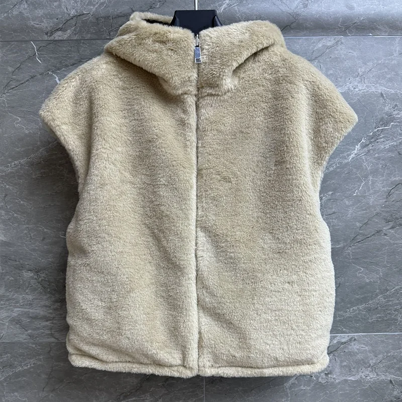 

High-quality women's new fuzzy hooded zipper vest, reversible design, double-layered outerwear with integrated fur coat 2592626