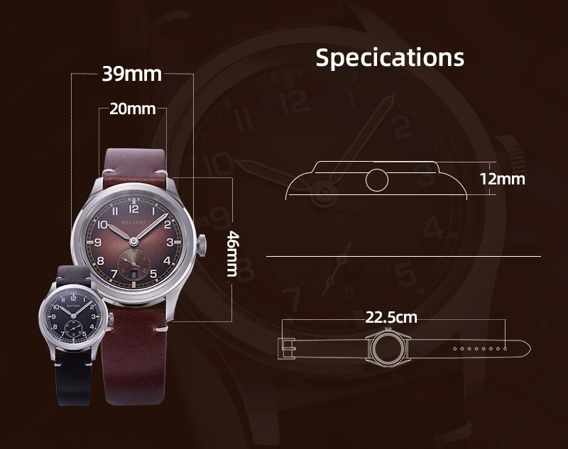 Baltany S2081 Dirty Dozen Felduhr, 39mm Retro ST1731 Mechanische Datumsuhr, Saphirglas, Leuchtend, Wasserdicht, Kleine Sekunde – Detail 2