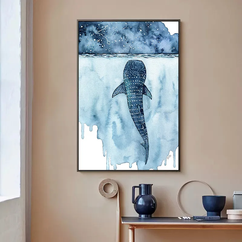 Акварельная гигантская морская КИТ, орка и девушка, печатный плакат, холст, живопись, абстрактная Морская жизнь, настенное искусство для детской комнаты, декор для комнаты мальчика