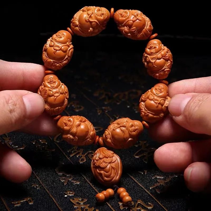 -Stone Carving Eight Treasures Maitreya Buddha Bracelet Su Gong Olive Hu Carved Crafts Hand Pieces Men and Women Brace