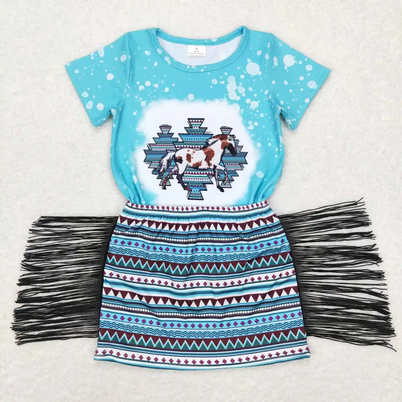 

Wholesale hot sale Baby Girls Clothes Children's Clothing GSD0607 Horse geometry blue short sleeve fringe skirt suit