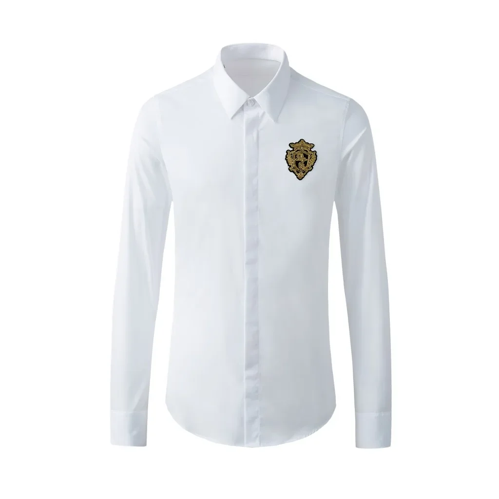 Autumn and winter European and American style gold crown badge long sleeved men\'s shirt trendy brand shirt