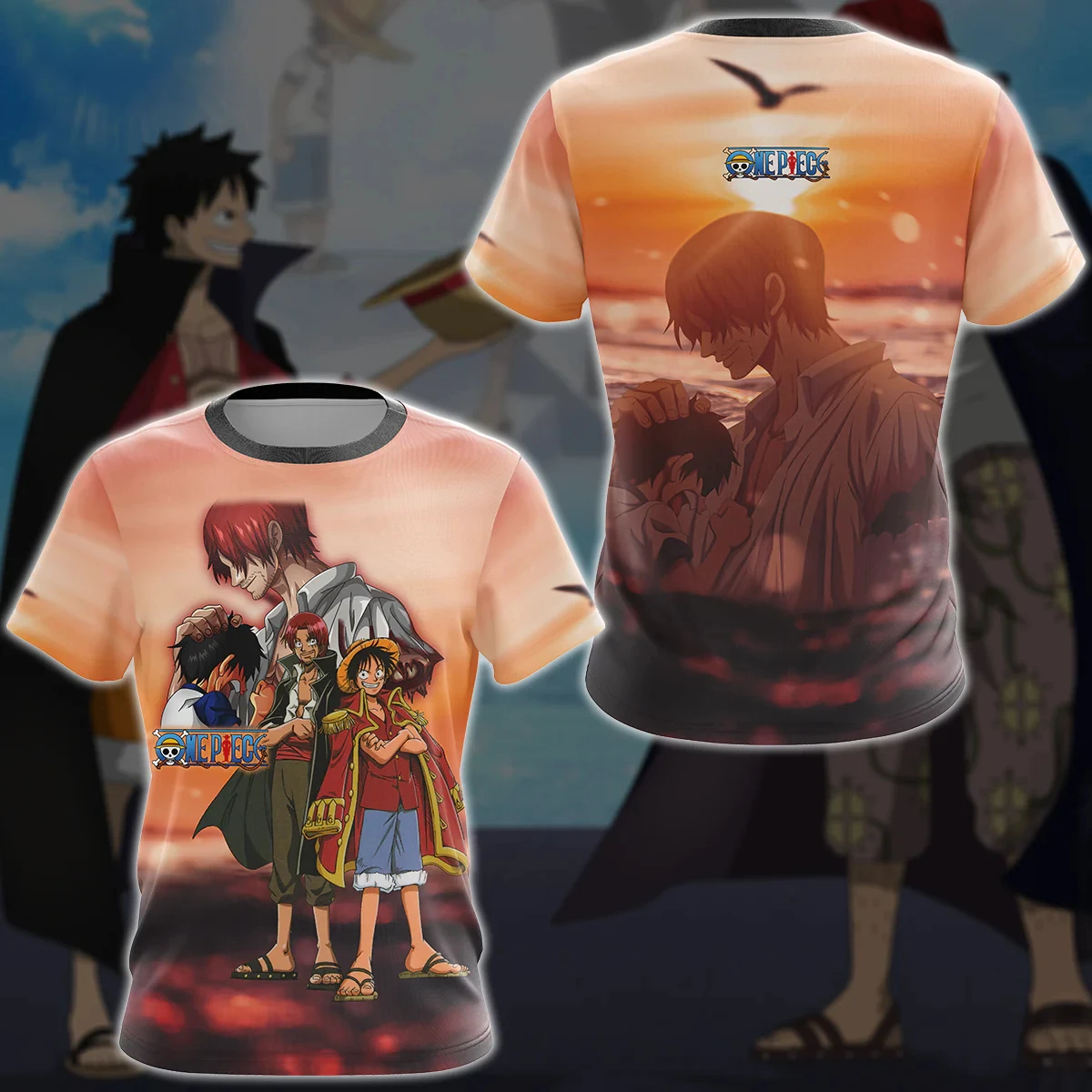 

Bandai One Piece Shanks & Luffy Sunset Graphic Print Quick Dry T-Shirts Comfort Breathable Parent-Child Matching Outfits
