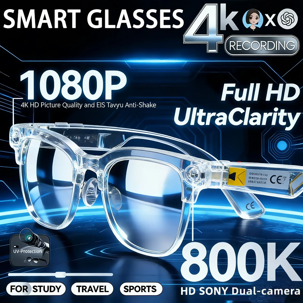 

New 2026 4K AI Smart Glasses With 100MP Camera Chat GPT Touch Sport Sunglasses Bluetooth Call Video Music Player For Men Women