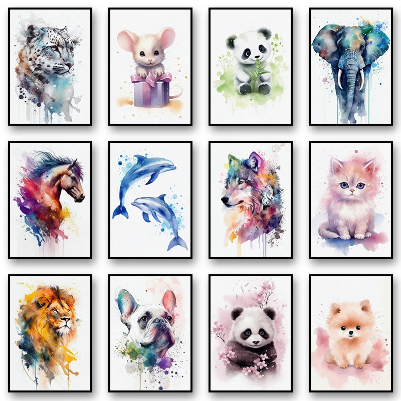 1PC  Watercolor Animal Cute Panda Mustang Leopard Cat Tiger Posters and Prints Canvas Printing Wall Art Picture for Living Ro