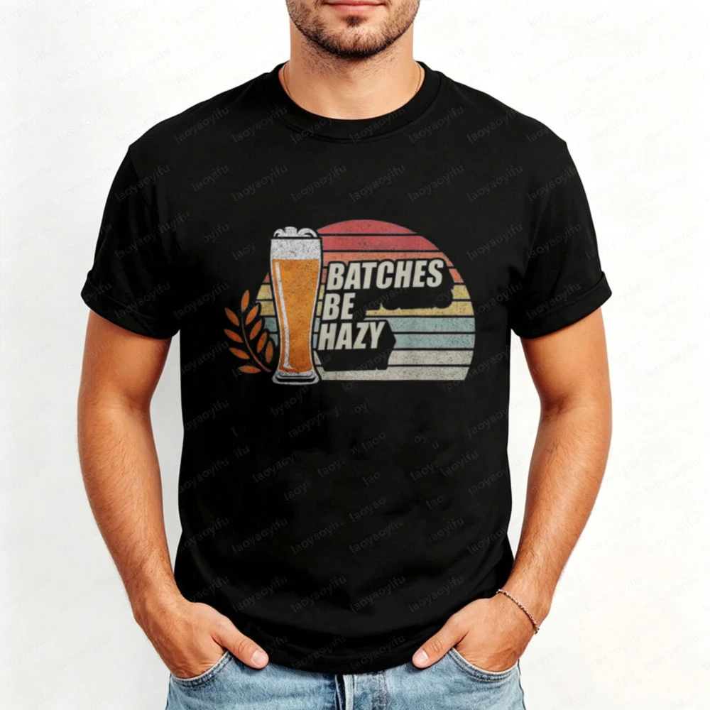 Vintage Batches Be Hazy Beer Graphic Tee Retro Sunset Wheat Drinking Unisex Fashion Tops High Quality Cotton Short-sleeve Tees