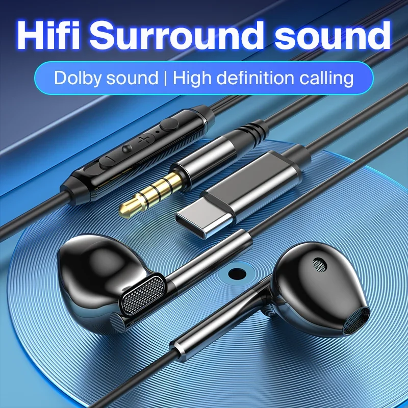 EARDECO 3,5 mm/Typ-C In-Ear-Kopfhörer mit Kabel, Bass-Hifi-Kopfhörer, Sport-Stereo-Headset mit Mikrofon, Kopfhörer mit Kabel
