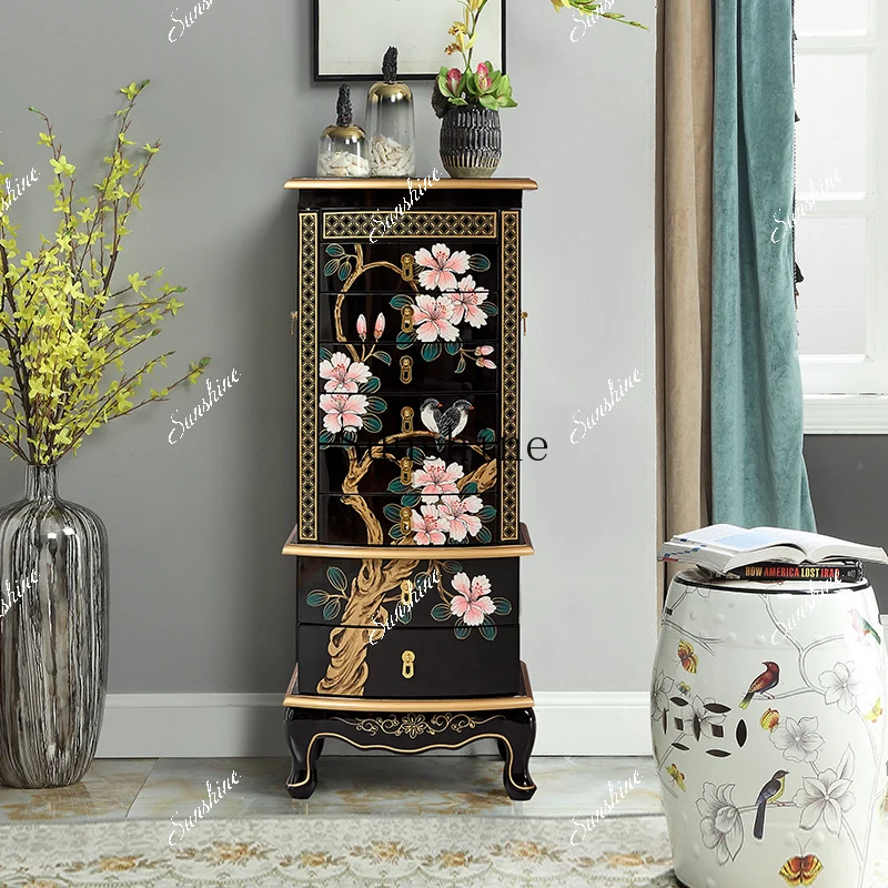Painted chest cabinet, bedroom black paint with mirror storage cabinet, new Chinese storage cabinet  FT