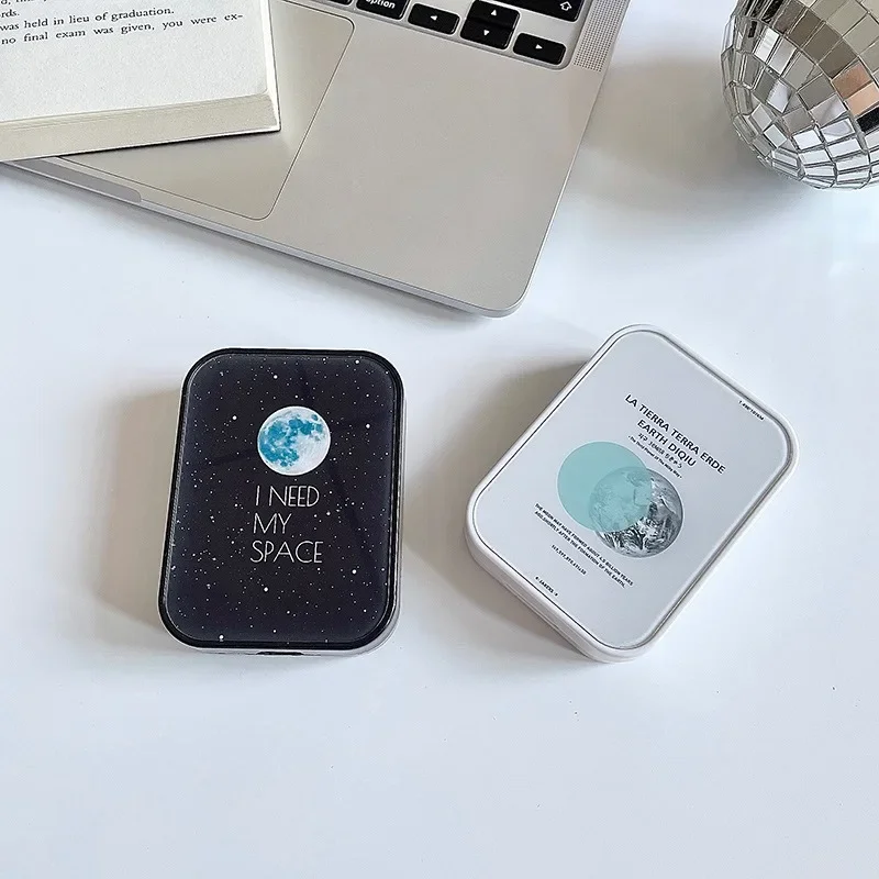 Contact Lens Case Black and White Galaxy Moon Future Sense Two Companion Cases with Large Capacity Contact Lenses with Mirrors