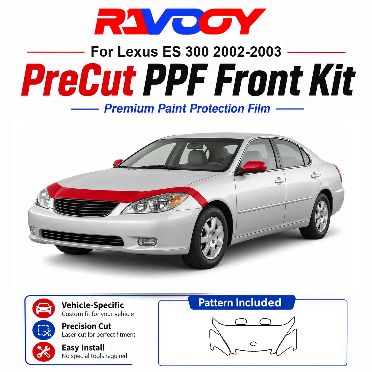 

8.5mil TPU Precut PPF Kit For Lexus ES 300 2002-2003 - Hood, Fenders & Mirror Set - Self-Healing Clear Bra Film