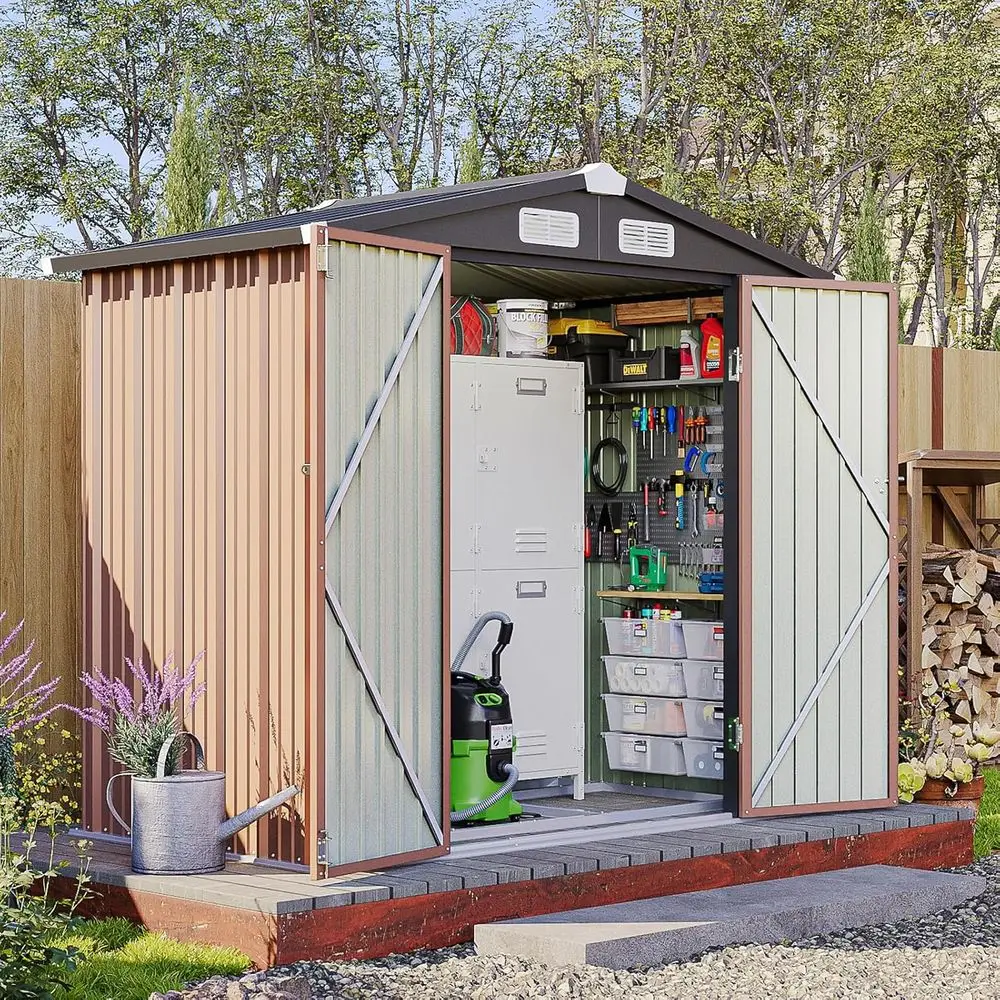 

Коричневый уличный металлический навес 6x4 с наклонной крышей, запираемой дверью и основанием для садовых инструментов и газонокосилок