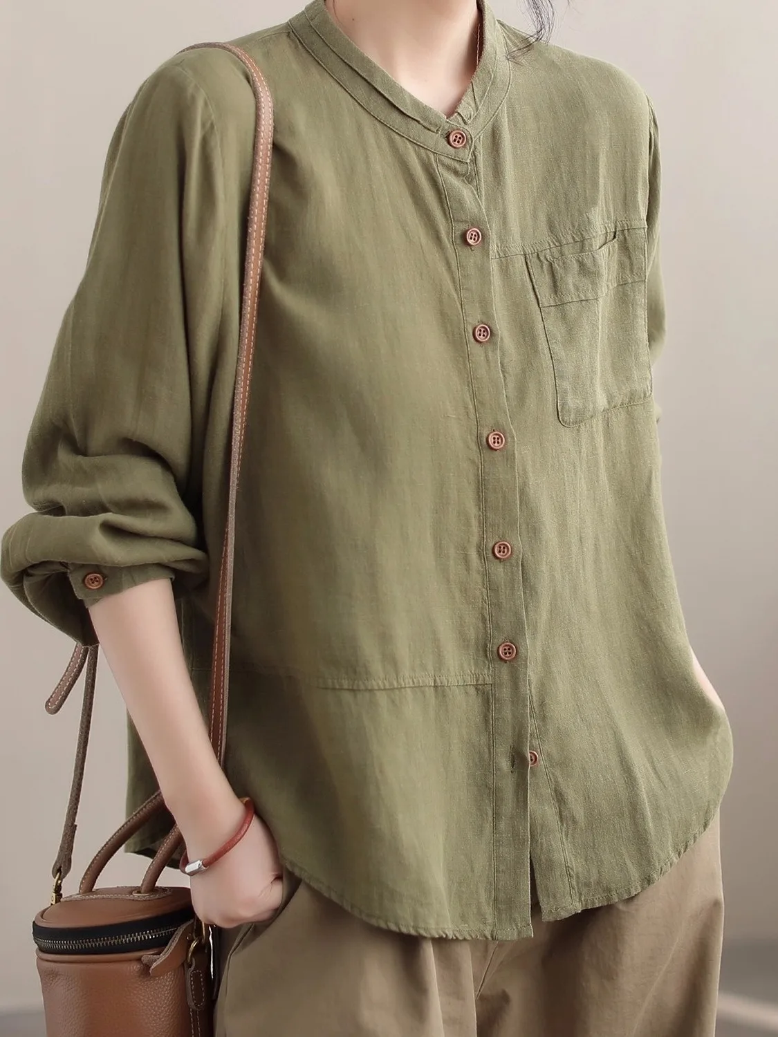 Retro Lniany Casualowy Jednolity Kolor Luźny Uniwersalny Damski Irt Odmładzający Jesienna Kolekcja Wygodny Krój Klasyczny Design