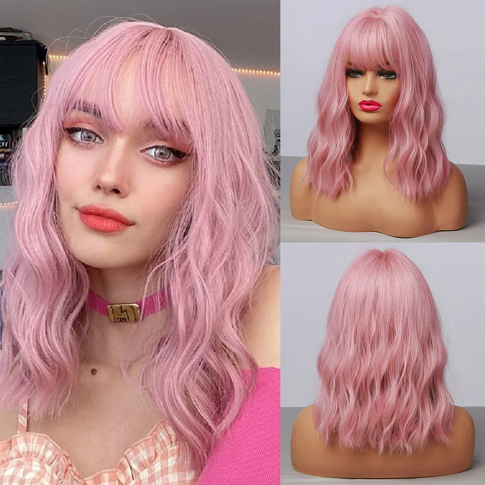 

cos European and American hot-selling Qi bangs cute cherry pink short curly hair Bob head natural women's chemical fiber wig