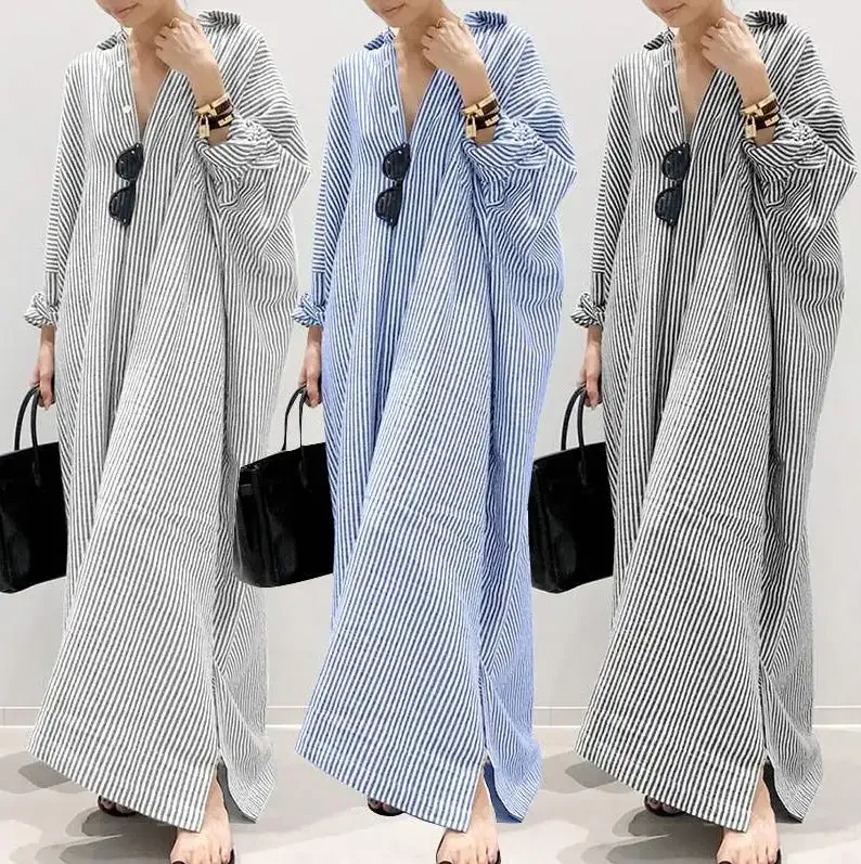 New Striped Plus Size Women  Long Skirts, Home Clothes, Loose Breathable Dresses, Nightdresses