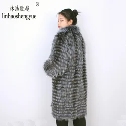 Linhaoshengyue  100cm long real Silver fox red  fox nature fur coat   Wool  knit liner,stylish stand collar