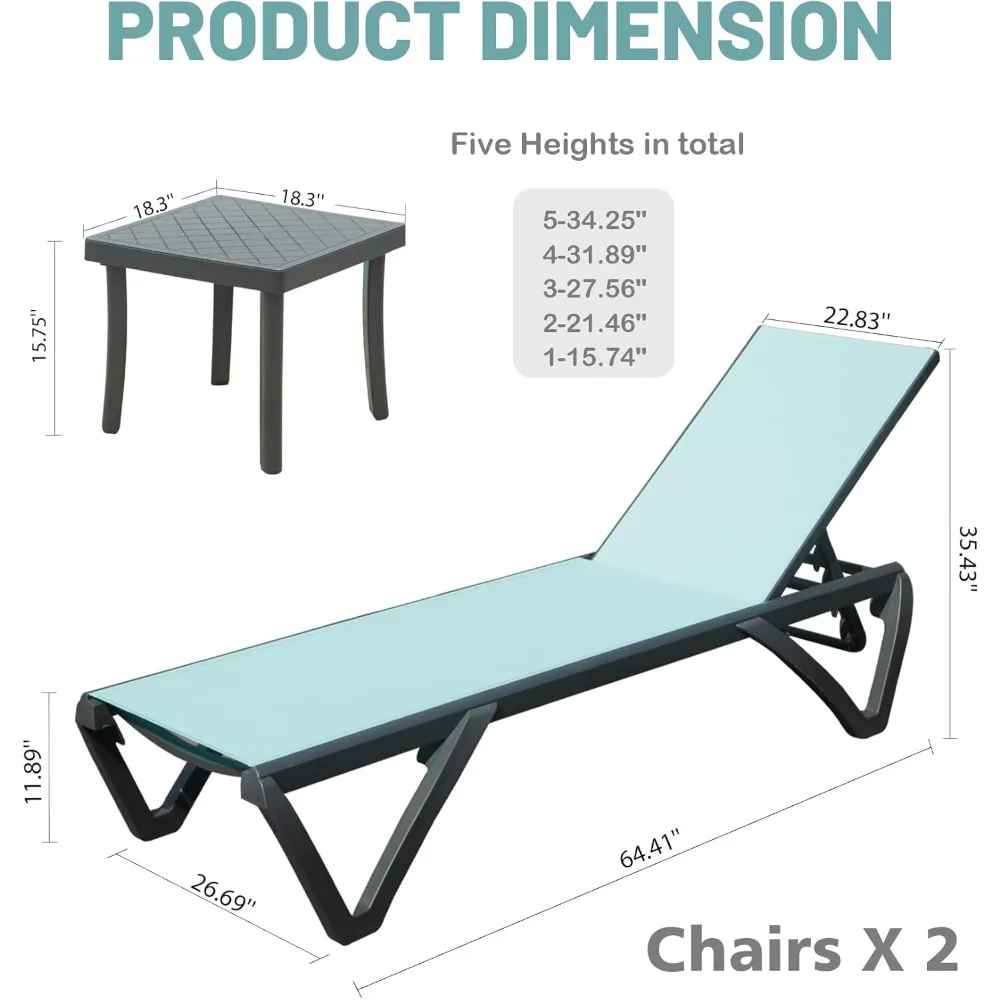 Domi Patio Lounge Chairs Set of 3, Aluminum Pool Chaise Lounge with Side Table,5 Position Adjustable Backrest and Wheels, Lounge