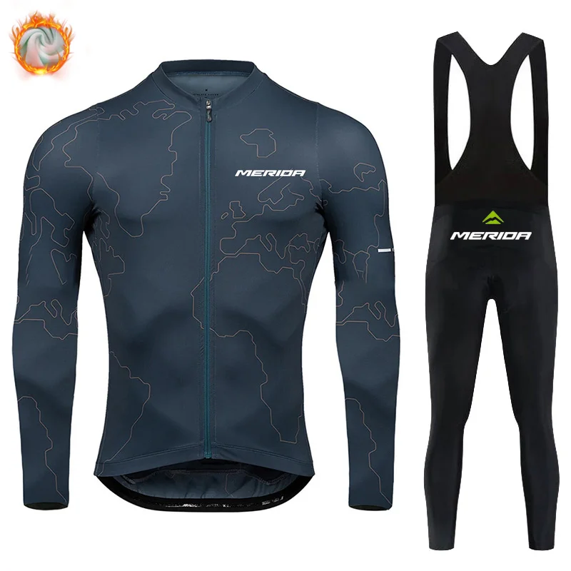 Merida Bike Team 2025 Winter Long Sleeves Cycling Clothing Men's Thermal Fleece Cycling Jersey Set Moutain Road Bike Uniform