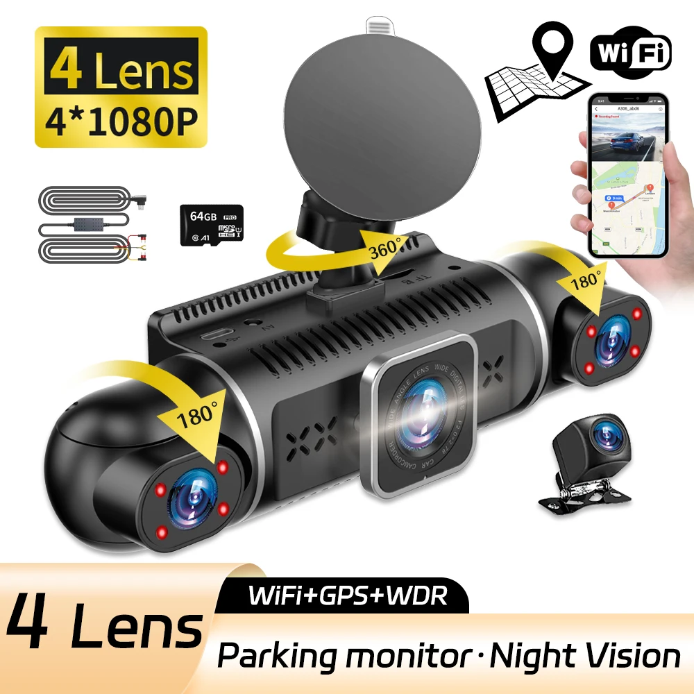 Dash Camera for Cars WiFi GPS 24h Parking Monitor FHD 1080P 4Channel Dash Cam Night Vision SMART Car DVR Video Recorder Free 64G