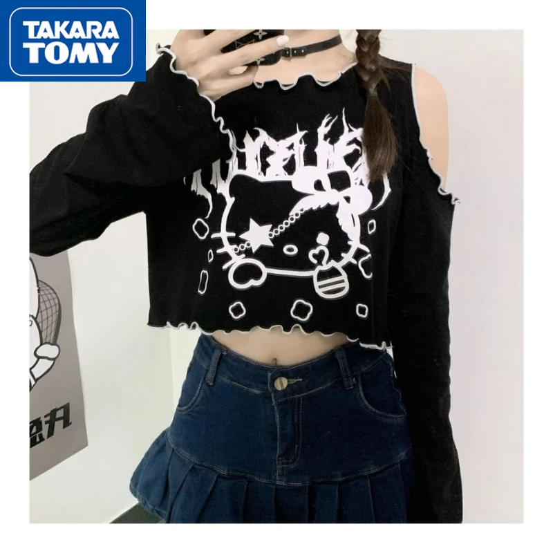 TAKARA TOMY Spring and Summer Hello Kitty Girl New Dark Loose Cartoon Print Short Long-sleeved Horn-sleeved Leaking Shoulder Top