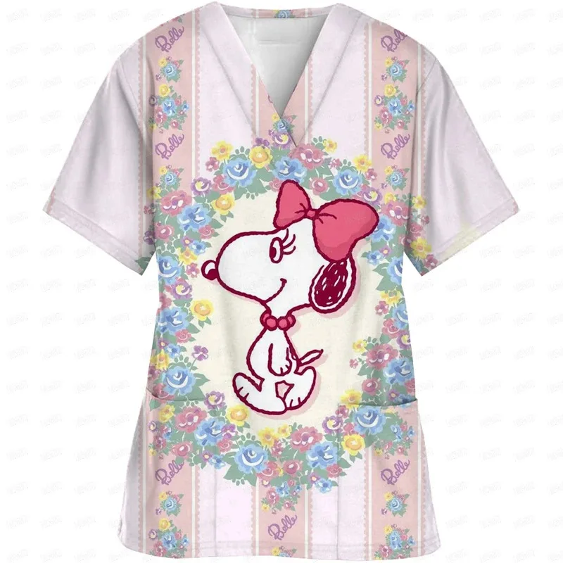 Cartoon Snoopy Printed Short Sleeve Surgical Gowns Tops Nurses' Uniforms V Neck Clinical Uniform For Woman Nursing Uniform