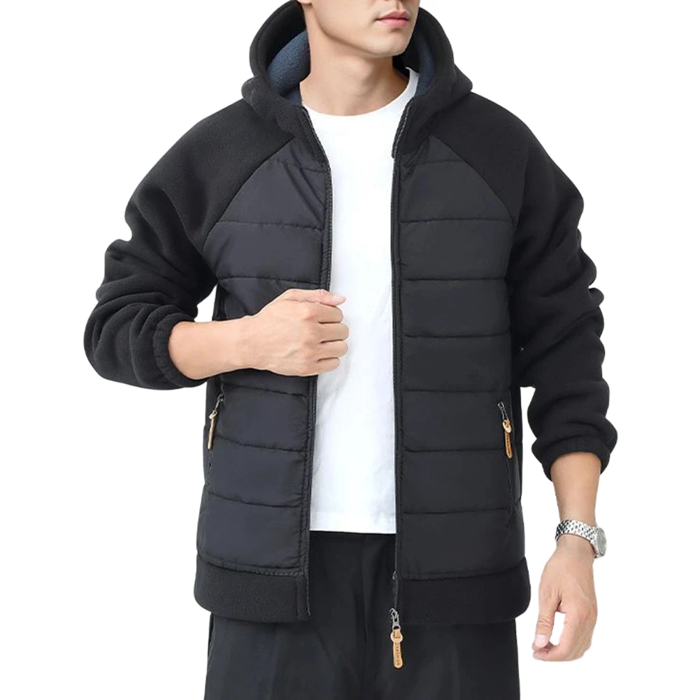 Winter Splicing Parka Men Fleece Jacket Black Men Fleece Splicing Hooded Polyester Material Long Sleeve Design