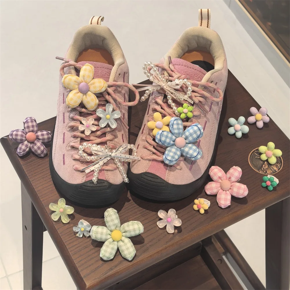 1 PCS New Plaid Flower Bowknot Pearl Shoe Clip High-End Accessory Vintage Fabric for Women and Girls Sneakers Flat Shoes Charms