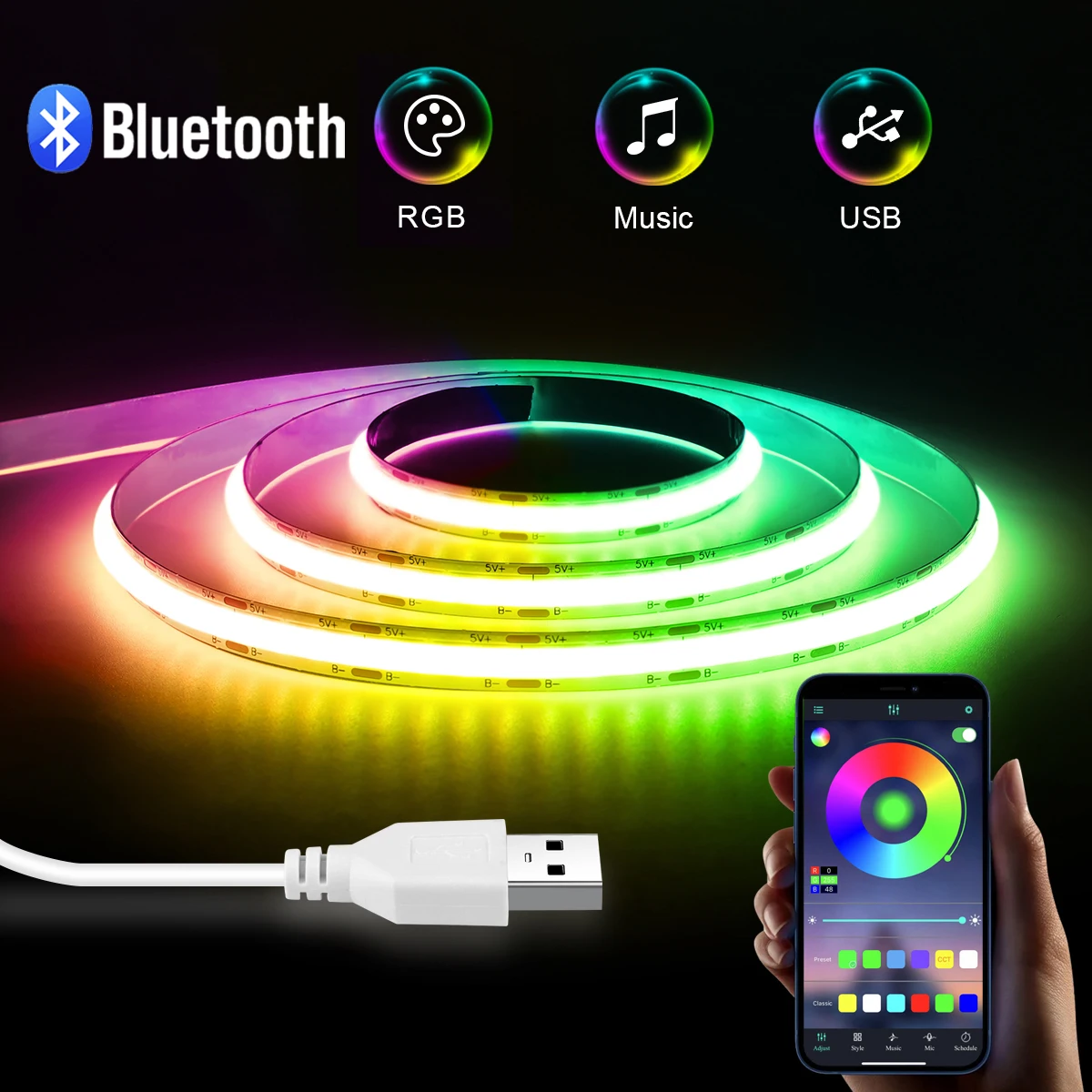 yZ[z5V FCOB LEDXgbv X}[gCg BluetoothAv USB RGB LEDe[v {v 1/2/3/5M CgXgbv IRRt