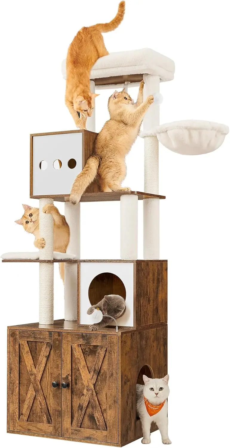 

Дерево для кошек 70,1 дюйма с лотком для туалета, современная башня 2-в-1 с лежанками, стойками для когтей, гнездами, корзиной, моющейся подушкой