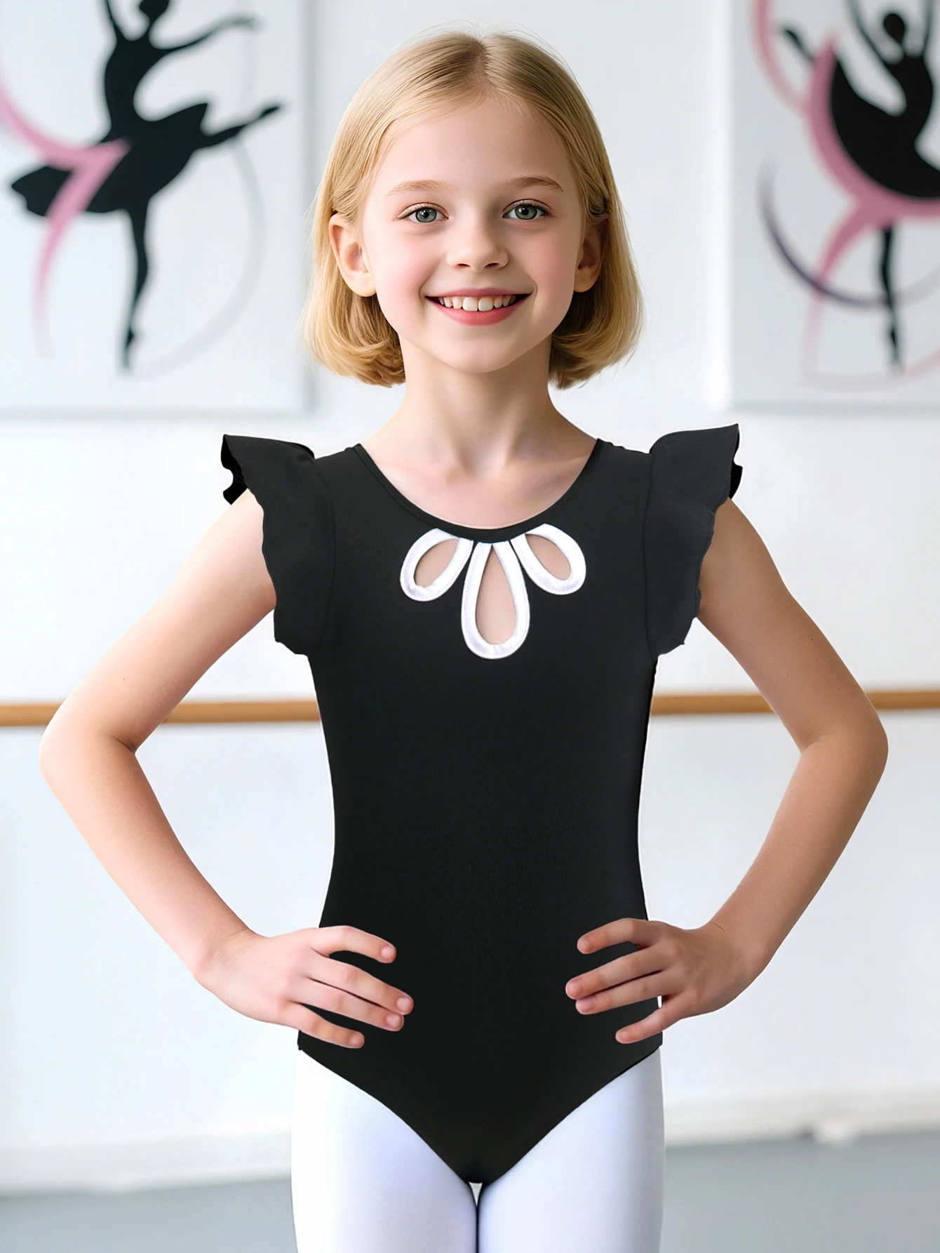 Ballett-Trikots für Mädchen, überkreuzter Rücken, Flatterärmel, Tanz-Outfits, Gymnastik-Trikot, Übungs-Body, Tanz-Ganzanzüge