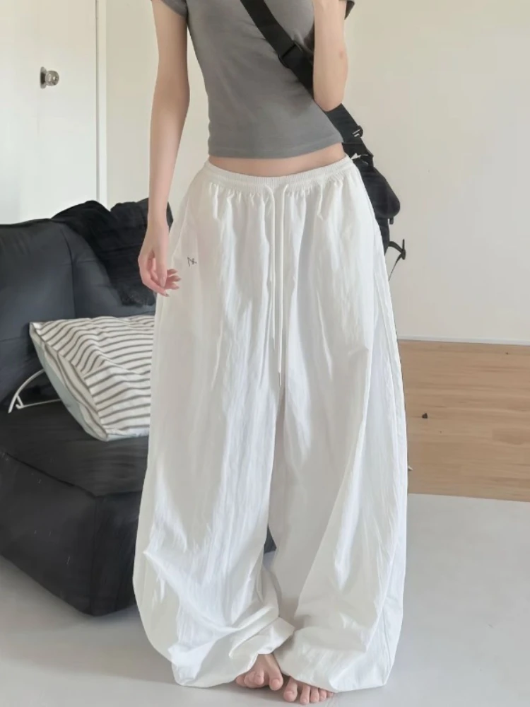 HOUZHOU White Oversized Women Pants Casual Embroidery Baggy Trousers Korean Style Basic Black Wide Leg Parachute Pants Joggers