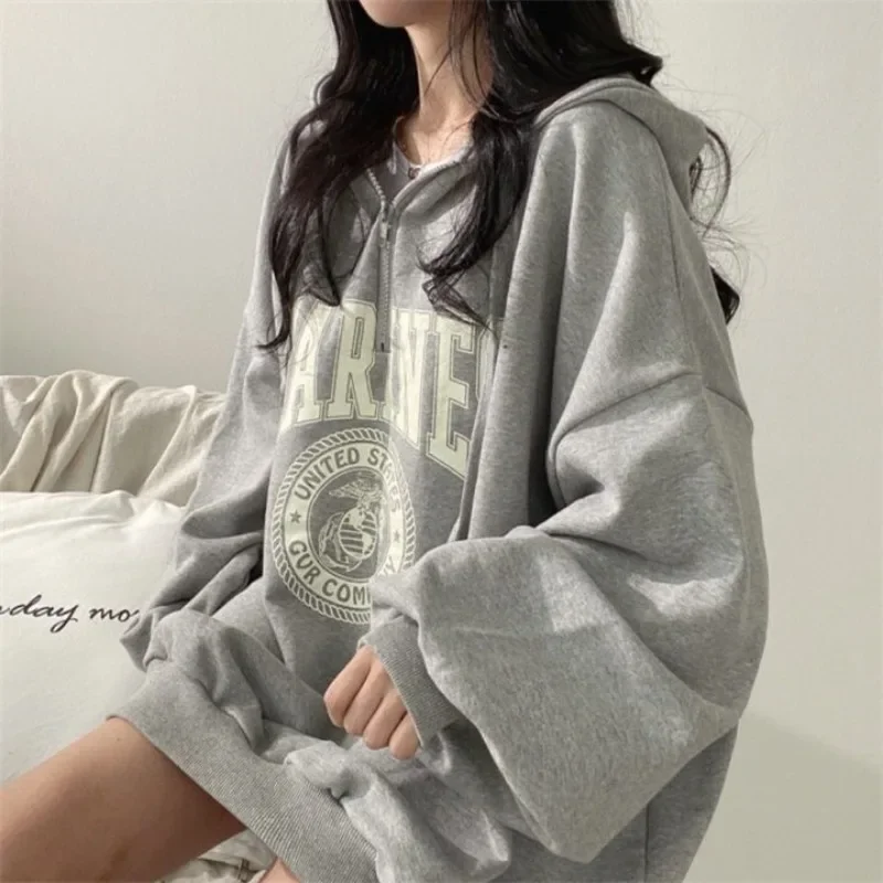 Graphic Hoodies Baggy Tops Grey with Zipper Sweatshirts for Women Full Zip Up Hooded Loose Female Clothes Pullovers Sport Trend