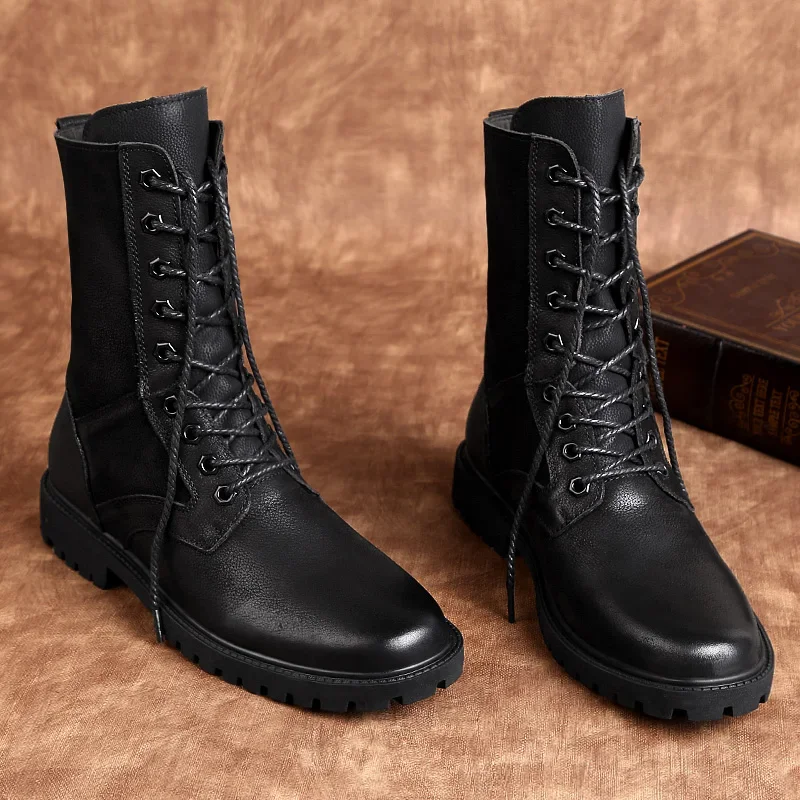 Luxury Brand Motorcycle Boots Winter Long Leather Riding High Top Plush Lace Up Motorized Boots Men Outdoor Cowhide Boots Dermis