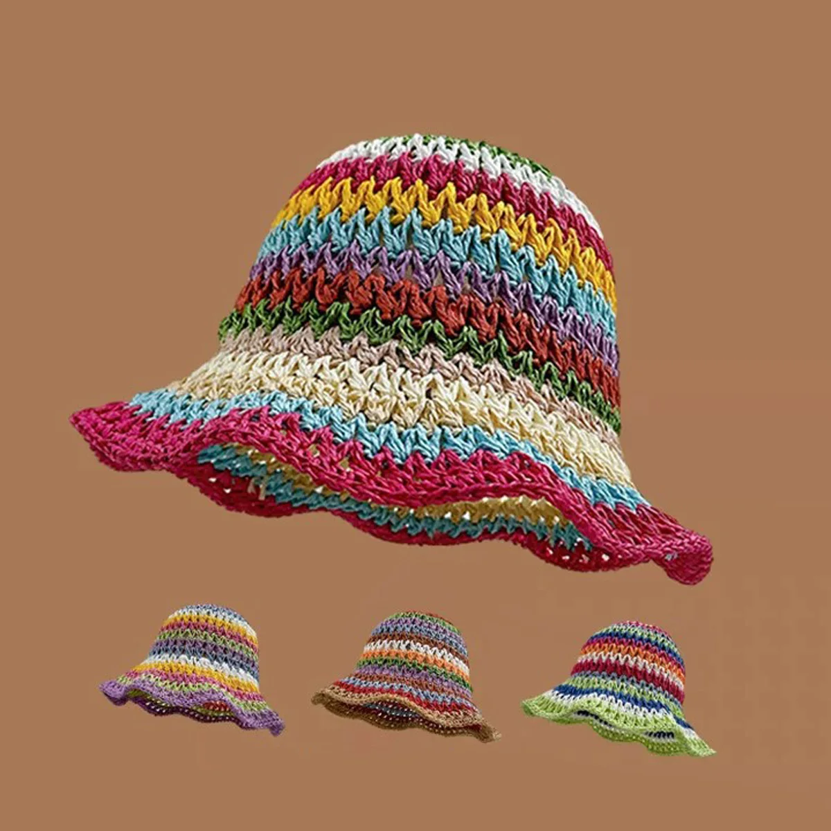 1 Stück Sommer Regenbogen Gestreifter Bucket Hat für Damen Gehäkelter Strand-Fischerhut Faltbarer Handgefertigter Sonnenhut Panama CJCYMZ067
