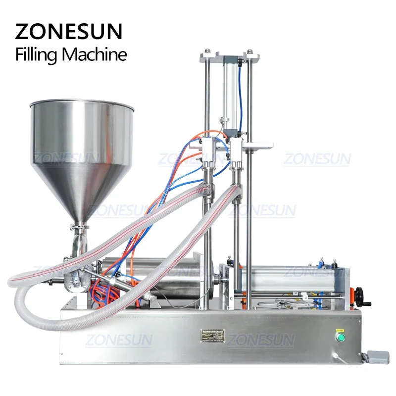 ZONESUN Tabletop Pneumatic 2 Diving Heads Shampoo Shower Gel Laundry Detergent Soap Liquid Bottle Piston Filling Machine