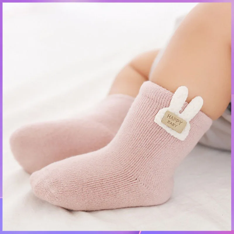 

3 pairs new winter product, newborn cartoon, newborn baby, thick looped warm middle tube socks