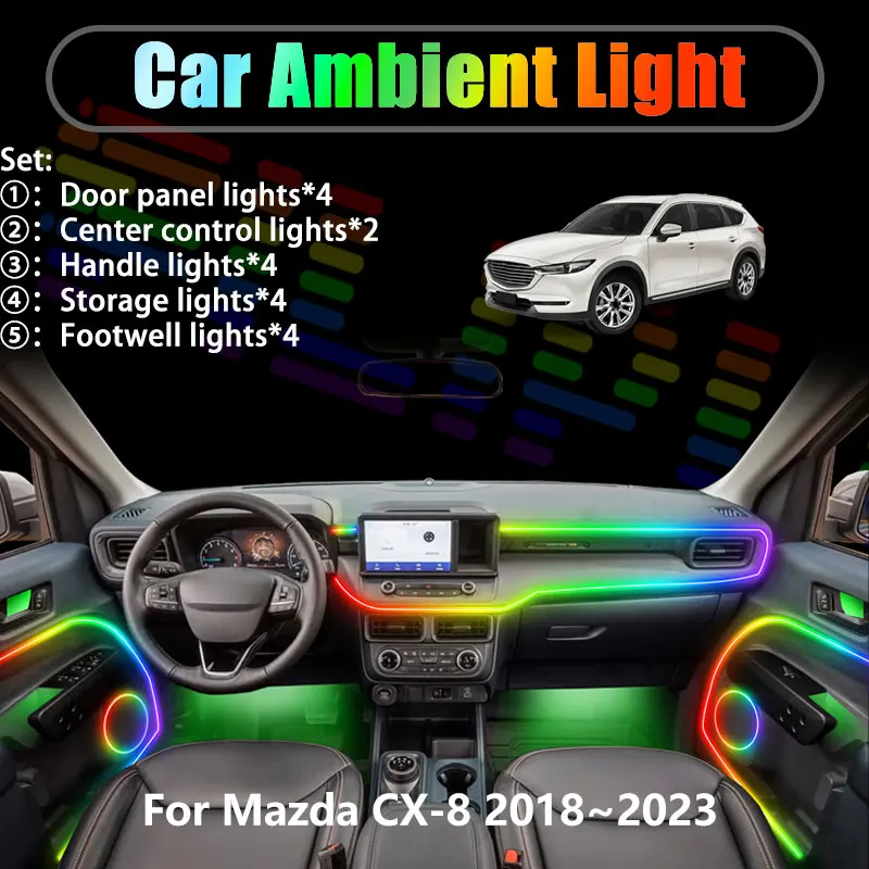 

Светодиодная подсветка салона и багажника для Mazda CX-8 2018-2023, USB RGB, комплект из 2/18 светодиодных лент, аксессуары