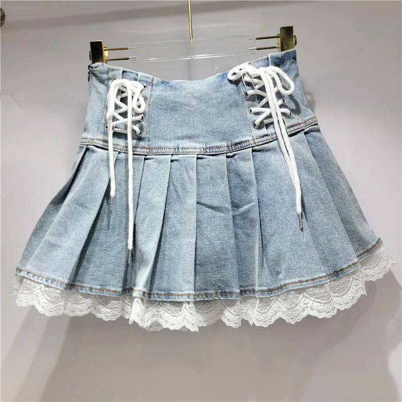 Lace Skirt Womens Summer 2025 New Sexy Girl Retro Streetwear Denim Shorts Dresses High Waist Slimming A-line Pleated Dress Y2k