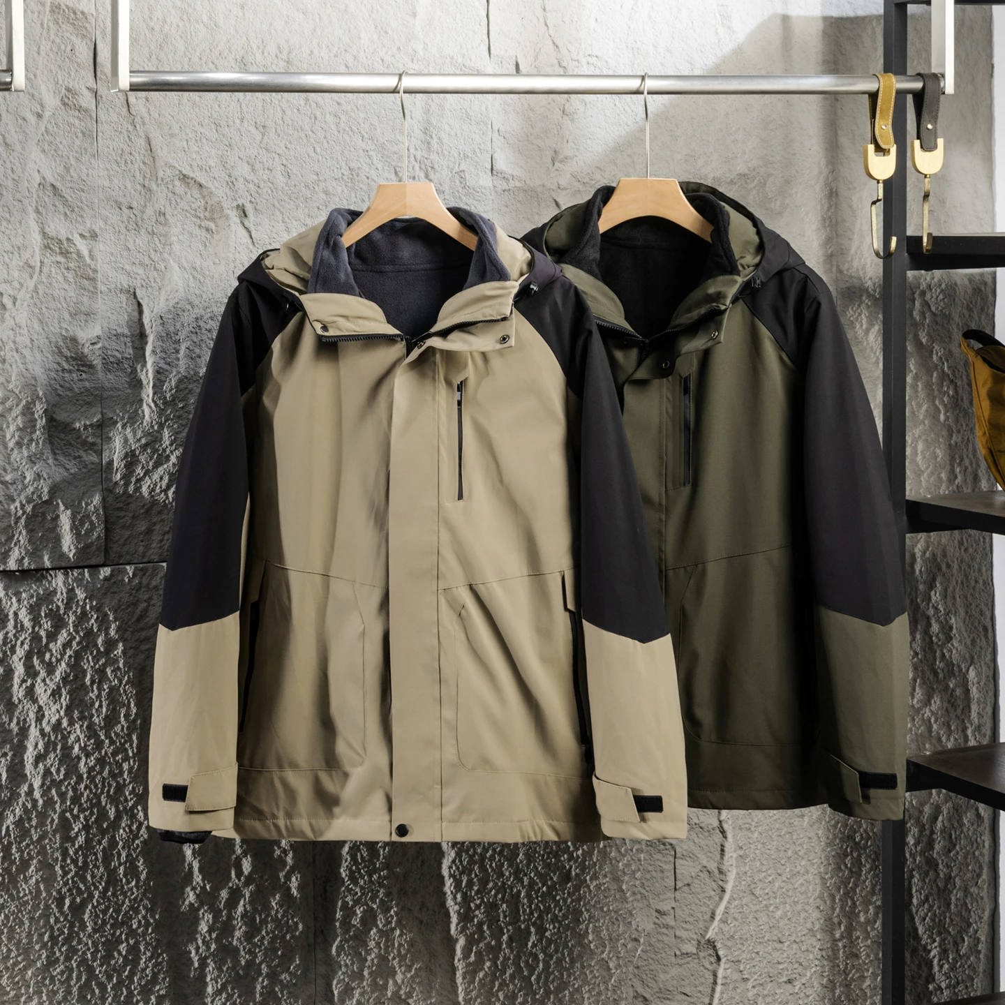 

Three-in-One Design Men's Outdoor Waterproof Windproof Hiking Mountain Climbing Jacket Coat with Hood Standard Fit Polyester ...