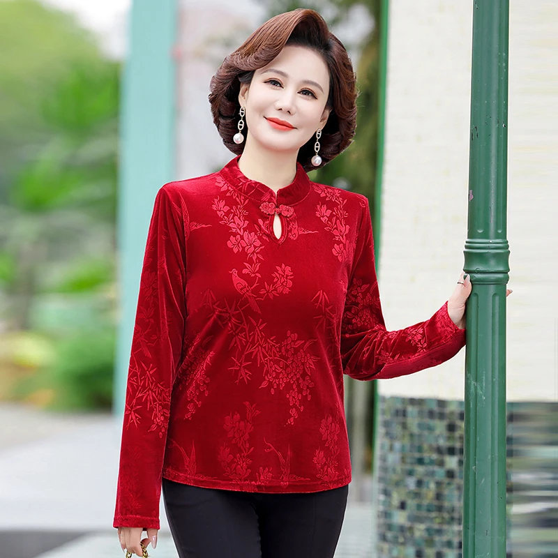 Women\'s Pullover Tops Gold Velvet Shirt Spring and Autumn Office Lady Long Sleeve Middle Age Mother Clothing