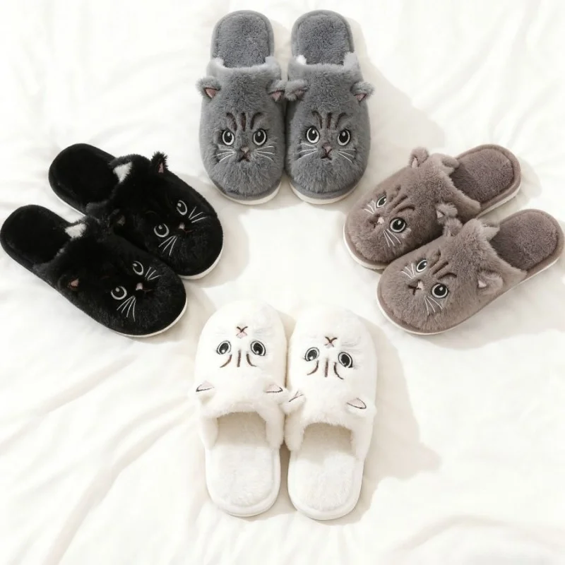 Solid Color Faux Fur Cat Home Slippers Couple Winter Warm Plush Soft EVA Slides Women Indoor Non-slip Sandals Adults Flip Flops