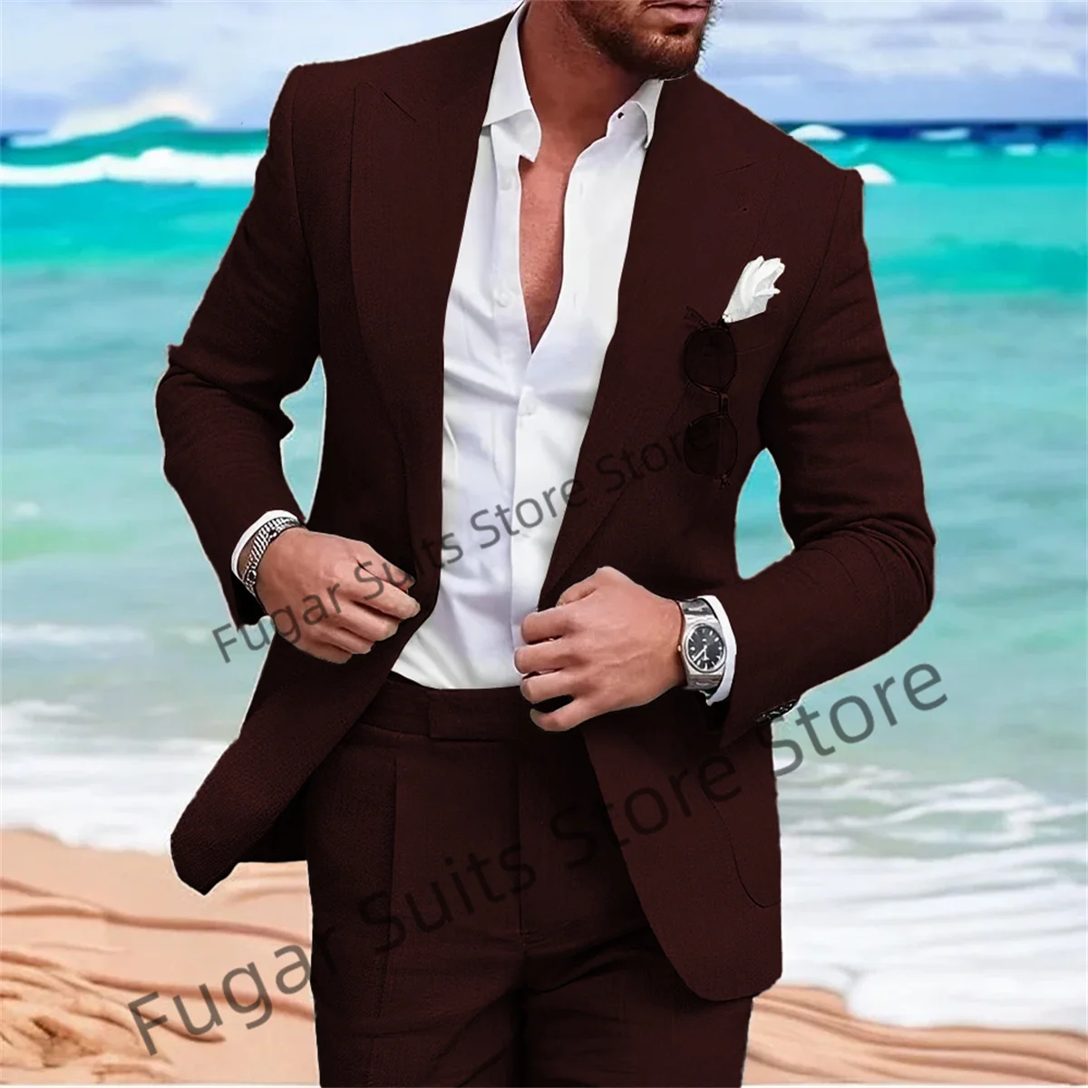 Casual Linen Men Suits Slim Fit Wedding Groomsmen Tuxedos  Casual Party Prom 2Pieces Sets High Qublity Male Blazer Costume Homme