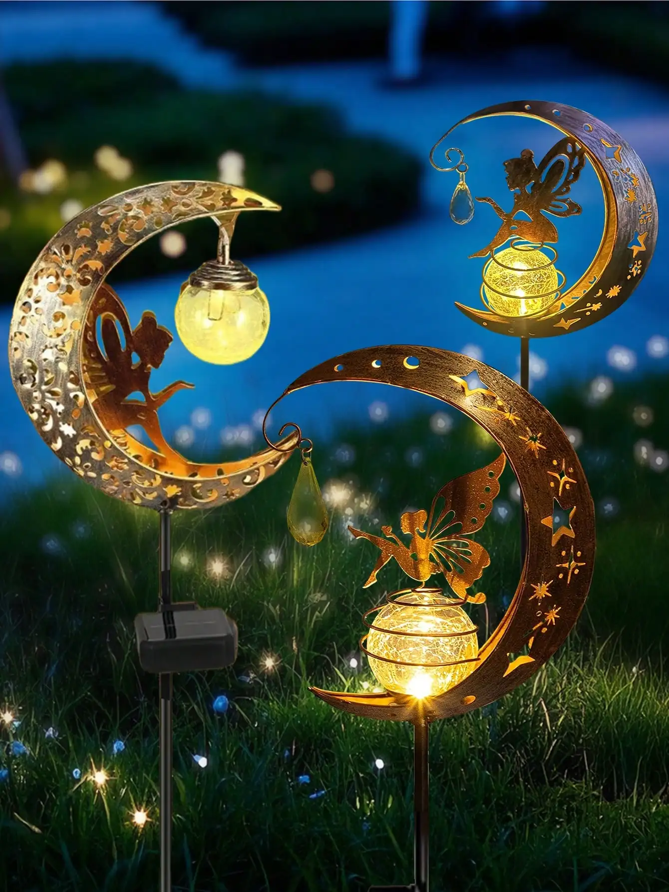 مصابيح القمر والجنية الشمسية، حصة معدنية من الزجاج المفرقع، مصابيح LED مقاومة للماء للحديقة والممر (عبوة واحدة) #1