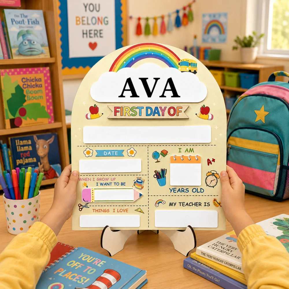 Personalized Name First Day of School Wooden Sign with Stand, Custom Kids Back to School Milestone Photo Prop