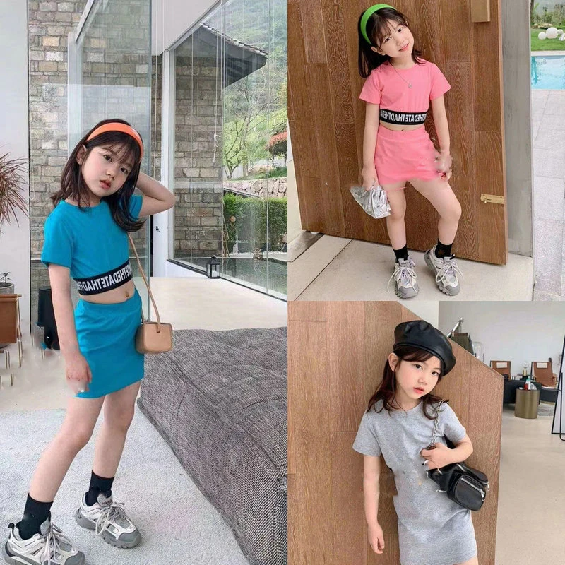 Girls' Set Sports Short sleeved Top Letter Waist Wrap+Half Skirt Summer New Fashion Children's Wear Girls Fashion Kids Outfit