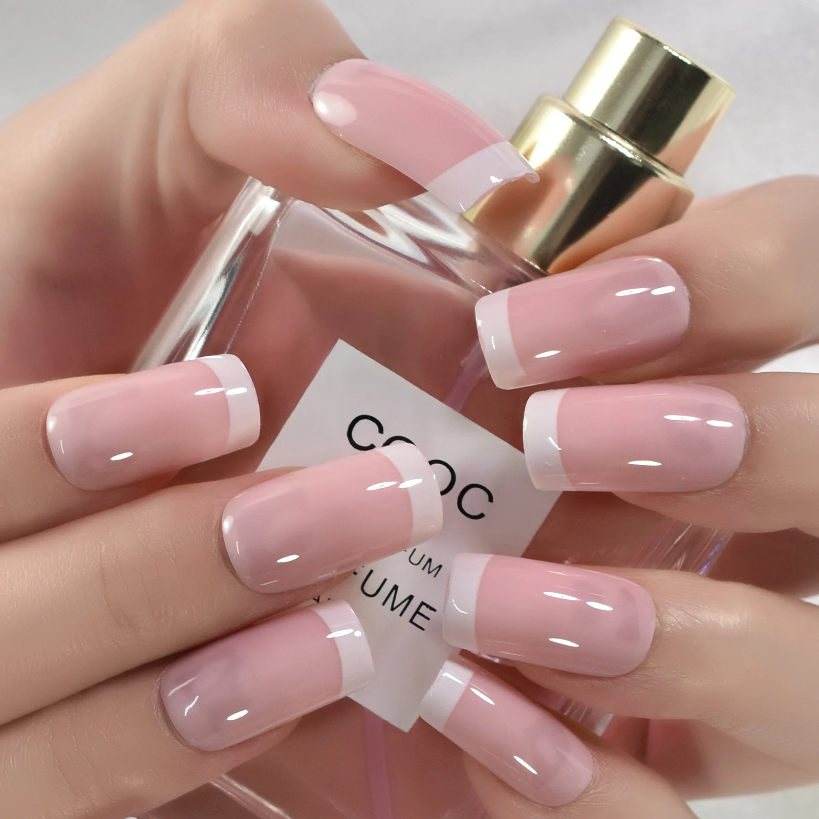 Unghie finte francesi bianche rosa puro Stampa lucida quadrata media su unghie finte Salon Manicure Gel UV riutilizzabile Suggerimenti per nail art fai da te