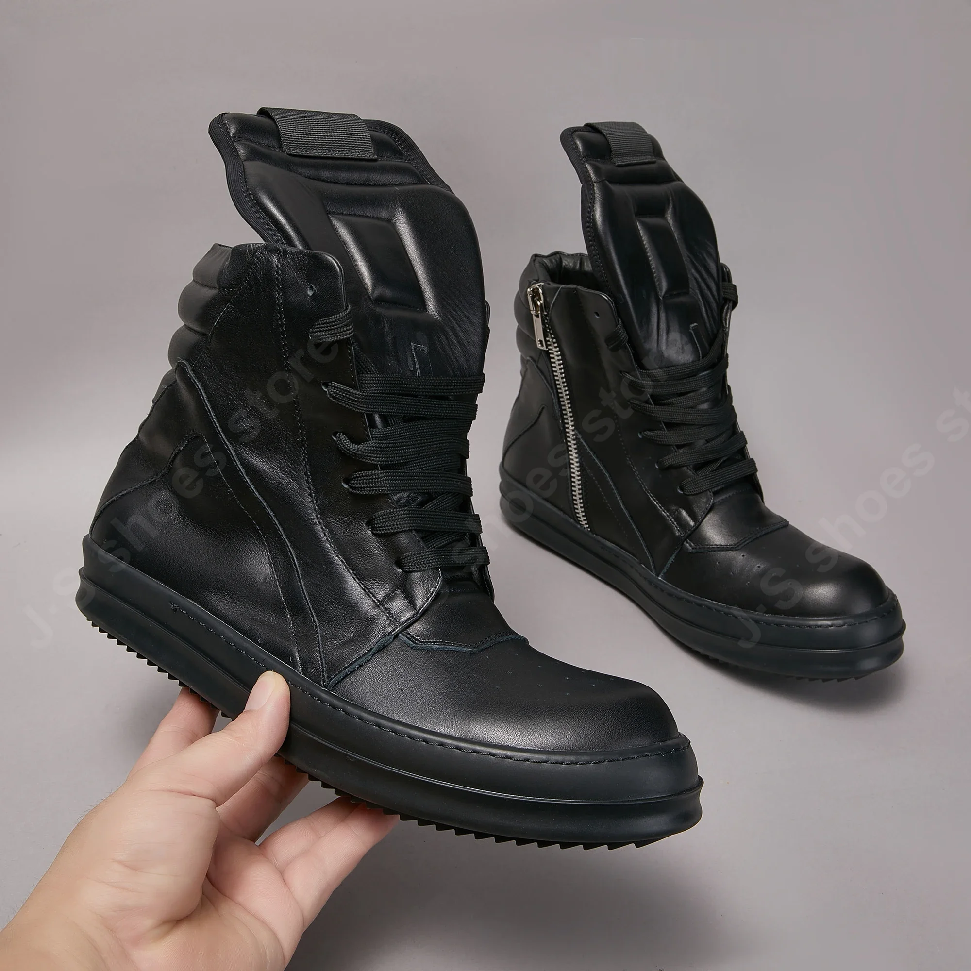 Ricks designer masculino tornozelo bota mulheres tênis todos os sapatos de couro preto owens alta superior sapato casual rendas até tênis zíper sapato plano