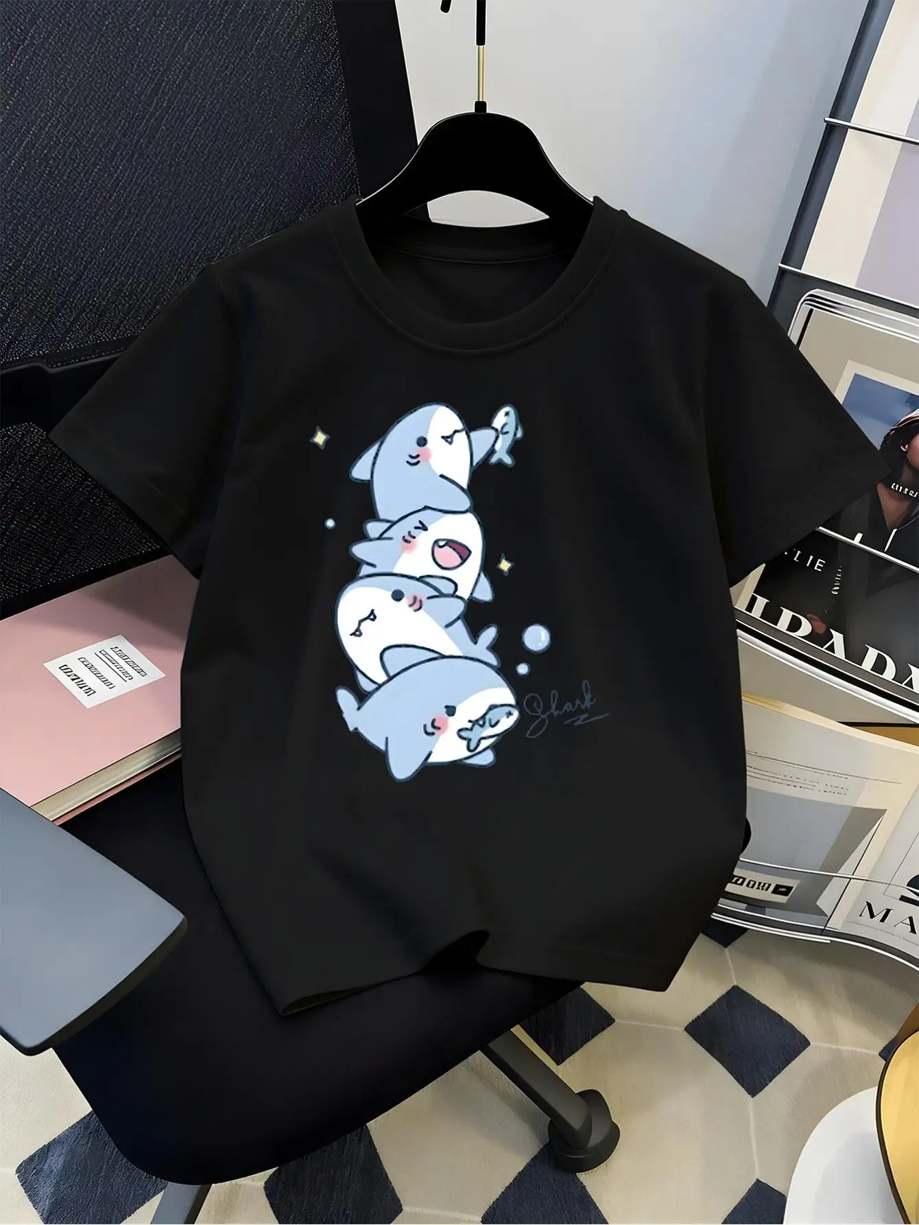 Kids Family Matching Short Sleeve Tshirt Boys Girls Cute Stacked Blue Shark Cartoon Sea Animal Print Casual Parent Child Tee
