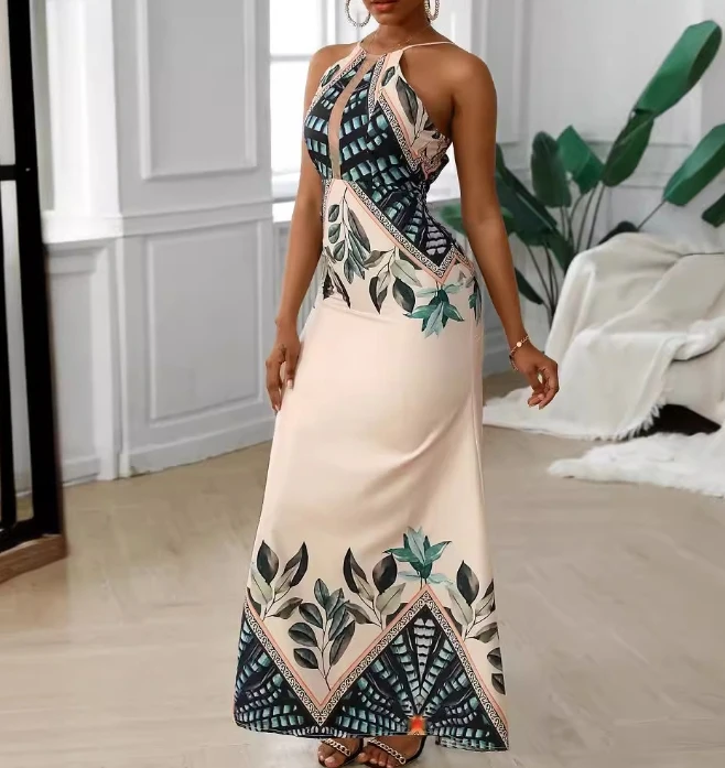 Sexy Slim Fit 2024 Women's High Waist Long Dress Summer U-Shaped Collar Sleeveless Colorful Printed Elegant Party Dress